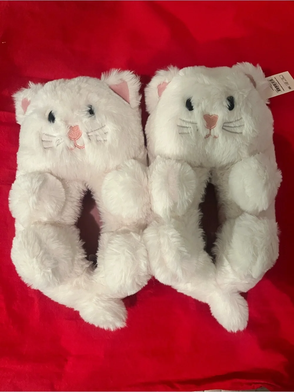 No Boundaries White Plush Cat Slippers with Pink Accents